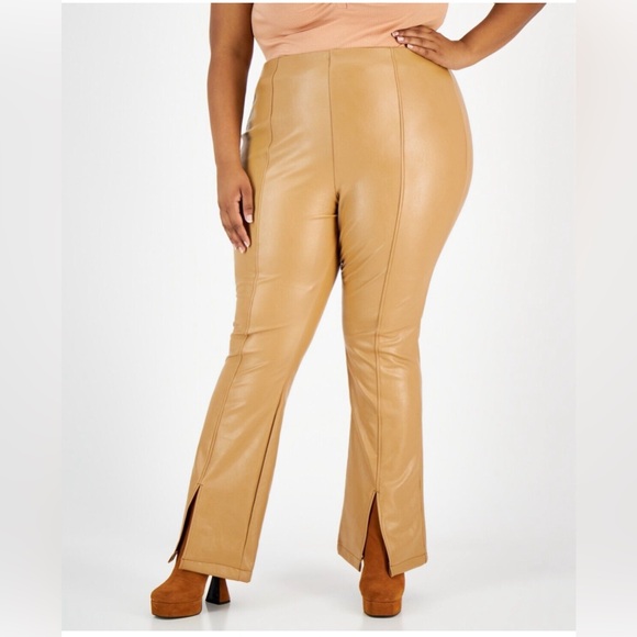 Tinseltown Pants - Tinseltown Women's Plus Size 3X Faux-Leather Slit-Cuff Flare-Leg Pants Tan